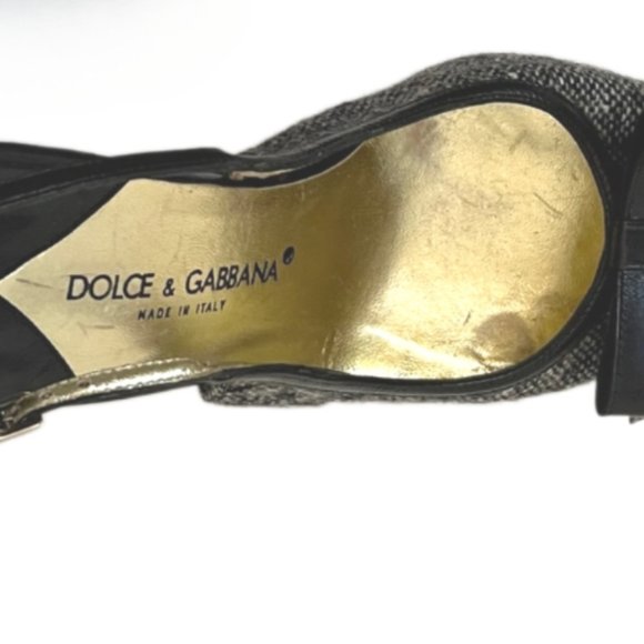 Dolce & Gabbana Black & Gray Tweed Slingback Heels Black Bow Wooden Heels Size 6 - Picture 4 of 13